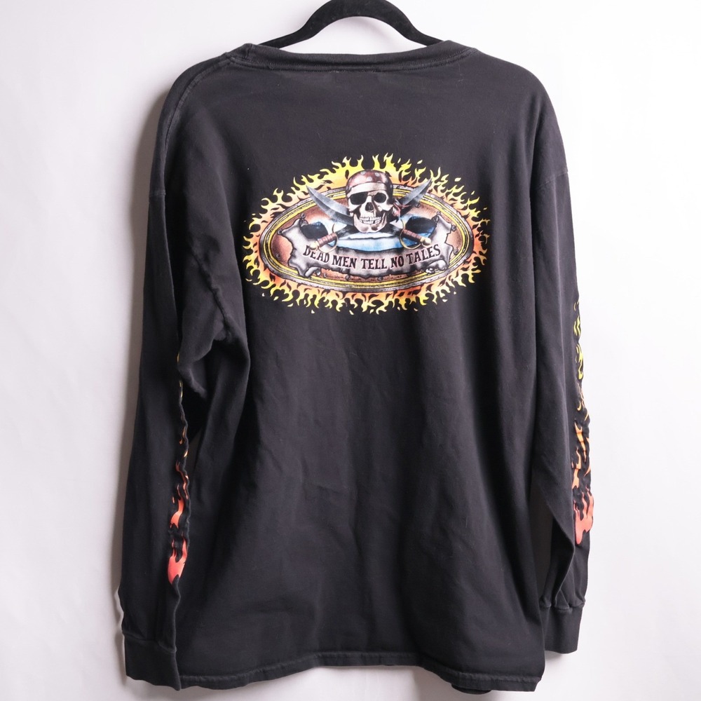 Dead Men Tell No Tales Pirate Skull Flame Sleeves Long Sleeve T Shirt XL Biker